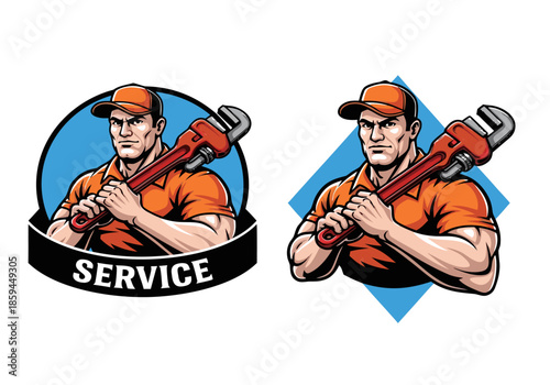 Vibrant cartoon plumber mascot logo proudly holding a large wrench, symbolizing reliable service and expertise in home maintenance and repair solutions