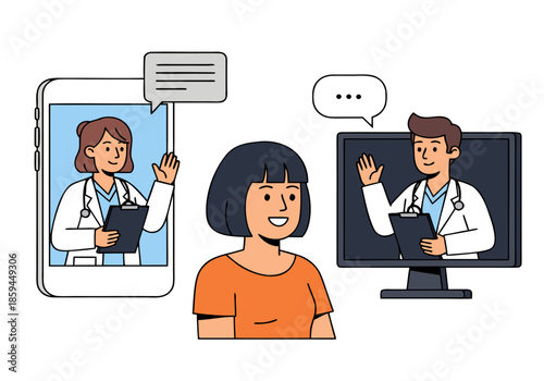 Empowering digital health A patient engages in an efficient online consultation with multiple doctors via screens, showcasing accessible telemedicine and virtual healthcare solutions