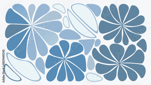 Blue floral pattern with various shades and white background, decorative elements, abstract flowers