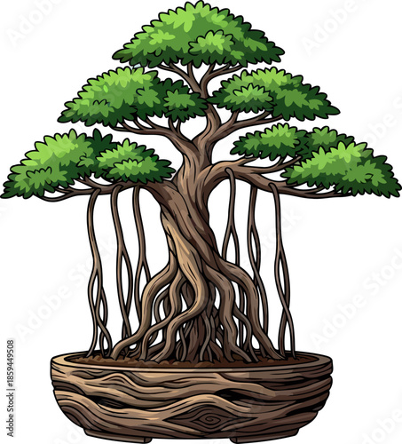 banyans embrace miniature majesty woven through time and tenacity, vector isolated on transparent background