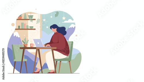 Woman working remotely on laptop in a cozy cabin setting with mountain view Work from home concept