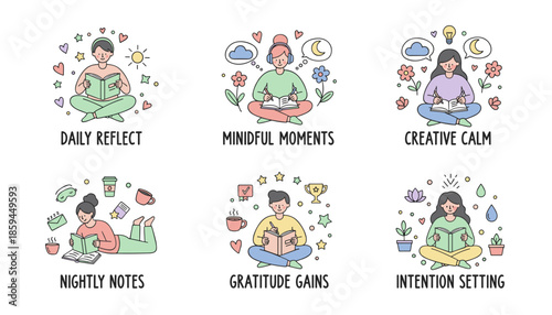 Selfcare and mental health vector icons journaling mindfulness reflection gratitude and intention setting