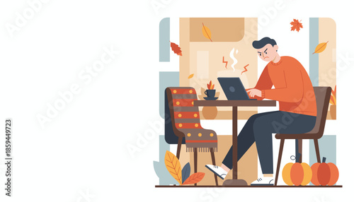 Frustrated man facing computer issues while working remotely at a cozy autumn coffee shop
