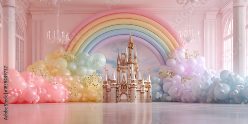 A dreamy pastel rainbow backdrop with a golden princess castle and balloon garlands for a party