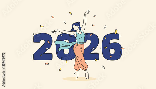 Elegant dancer celebrating 2026 with falling confetti New Years greeting and future concept illustration
