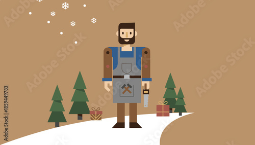 Winter craftsman holding a saw surrounded by snow pine trees and festive holiday gifts