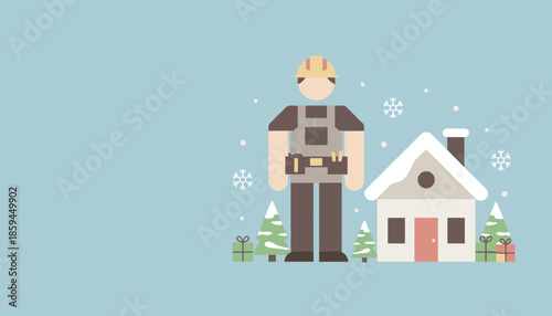 Tradesman standing by snowy house with Christmas trees and gifts Winter home repair illustration