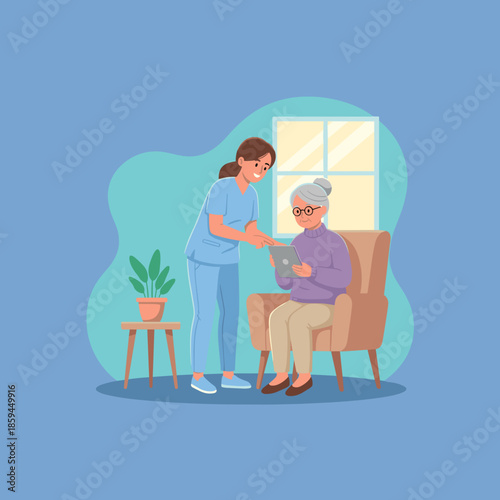 Nurse helps senior woman learn tablet use Home care digital literacy and technology for the elderly