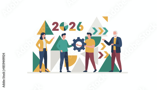 Diverse business team collaborating on strategy and planning for the year 2026 success