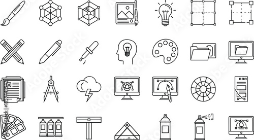 Collection of linear graphic design icons featuring drawing tools, digital software, color palettes, and creative equipment for artists and designers.