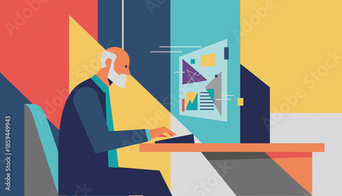 Senior man works on data analysis on a computer Abstract colorful business vector illustration