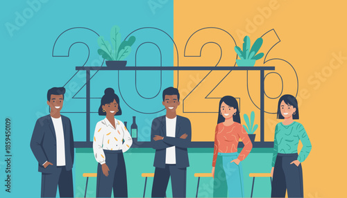 Diverse professional team stands confidently against a 2026 background graphic