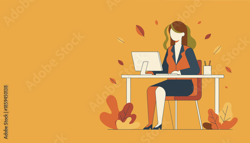 Professional businesswoman works on her PC at an autumnal desk Productivity and seasonal office concept illustration