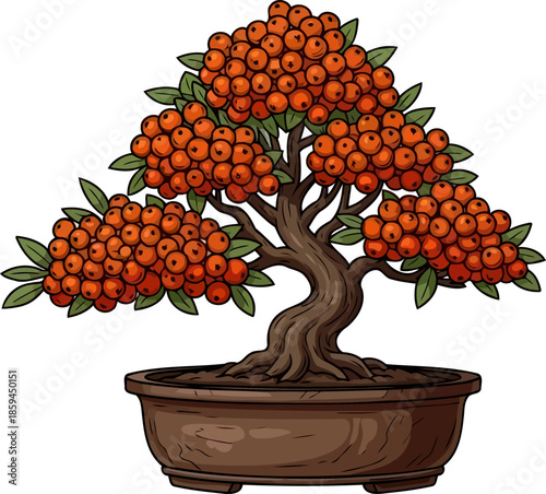 cultivated abundance rooted wisdom manifested in vibrant, berryladen bonsai artistry, vector isolated on transparent background
