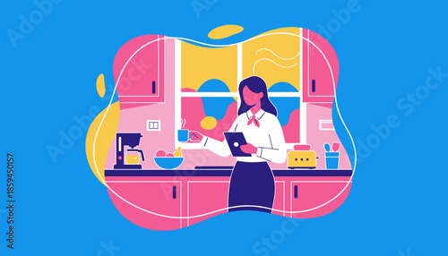 Businesswoman checking tablet while enjoying morning coffee in a vibrant modern kitchen