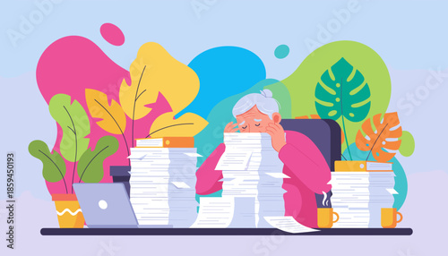 Stressed senior worker overwhelmed by giant piles of paperwork Business burnout and deadline pressure