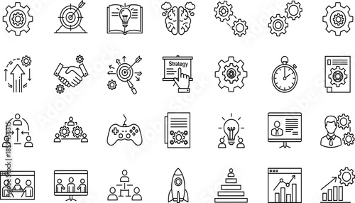 Collection of linear vector icons regarding business strategy, project management, teamwork collaboration, innovative ideas, corporate planning, and development processes.