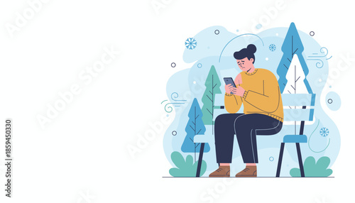 Lonely person checking smartphone on a cold park bench Sadness isolation mental health concept