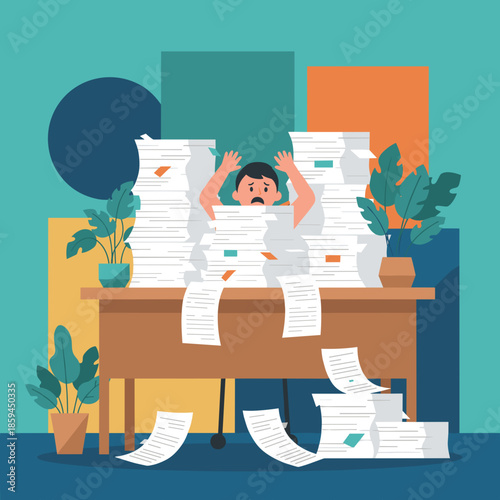 Overworked employee drowning in stacks of paper feeling stressed and overwhelmed by bureaucracy