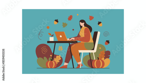 Woman using a laptop at a desk surrounded by pumpkins and fall foliage Autumn remote work illustration