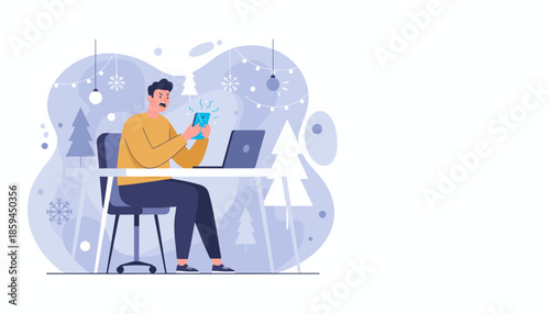 Angry man dealing with a broken phone and work stress during the winter holidays