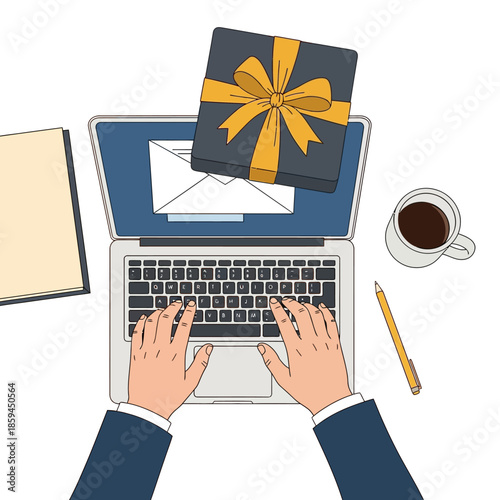 Overhead view of a person typing on a laptop with a gift box, envelope, coffee cup, and stationery on a plain white background.