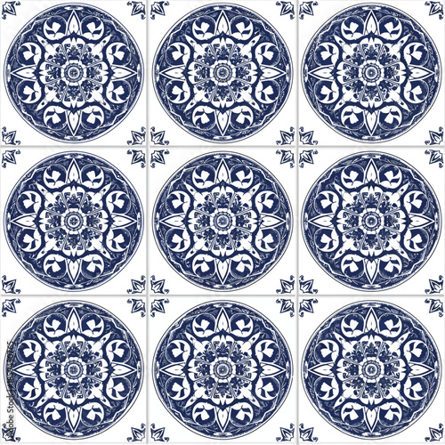 A seamless pattern of nine blue and white ceramic tiles with intricate floral designs on a white background