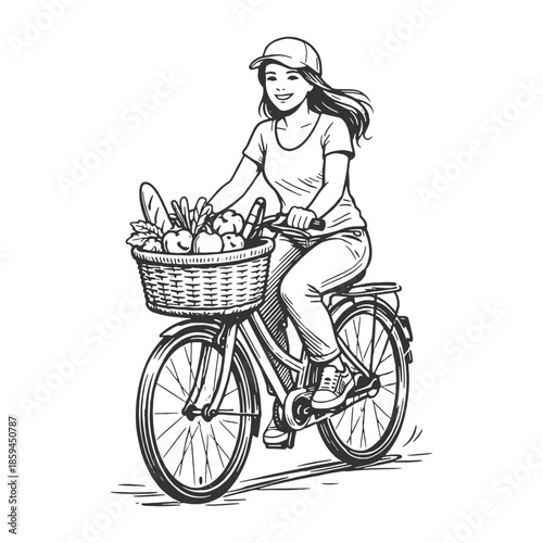 woman riding bike with basket of groceries clip art preview