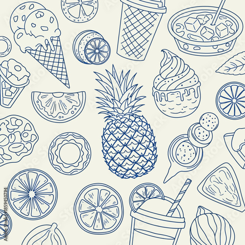 Illustration of various fruits and desserts in blue line art on a white background with a pattern of ice cream cones and cups.