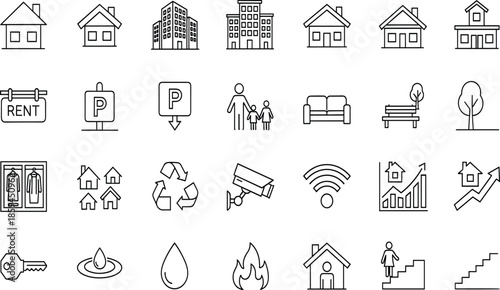 Collection of linear vector icons representing real estate, residential housing, property management, apartment buildings, home security, and modern city amenities.