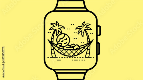 Smartwatch Displaying a Relaxing Beach Scene with Hammock.