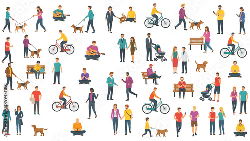 Crowd of tiny people walking with children or dogs, riding bicycles, standing, talking, and running. Cartoon men and women performing outdoor activities on a city street. Flat, colorful vector illustr