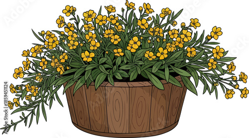 golden cascade handdrawn blooms spilling joy from a rustic planter, vector isolated on transparent background