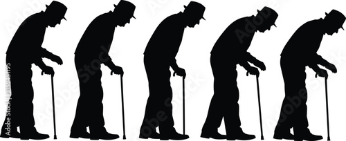 Elderly silhouette, aging progression, cane walking, senior posture decline, old age mobility, health concept, retirement icon, lifestyle illustration, human aging
