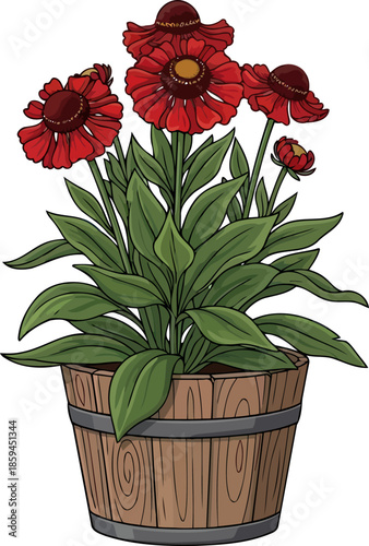 heartfelt hues ruby blossoms ignite rustic joy in a classic wooden barrel, vector isolated on transparent background