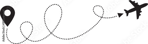 Airplane flying in a winding path from a location pin