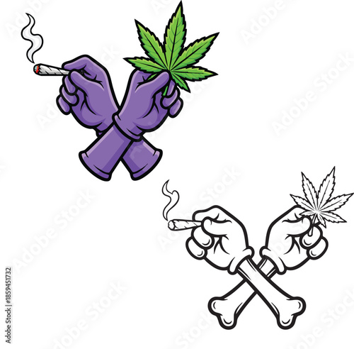 cannabis leaf with smoking hands, crossed hands holding joint, marijuana illustration, smoking weed concept