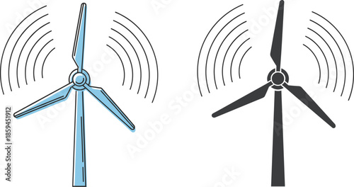 Wind turbine energy vector set featuring rotating blades renewable power electricity and eco technology symbols