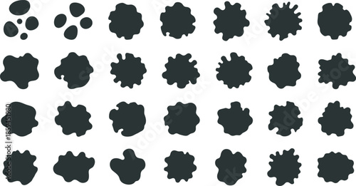Collection of 30 unique black inkblot shapes on a white background for design and artistic use