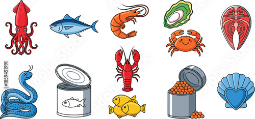 Seafood products vector set featuring fish squid shrimp crab lobster shellfish and canned marine food icons