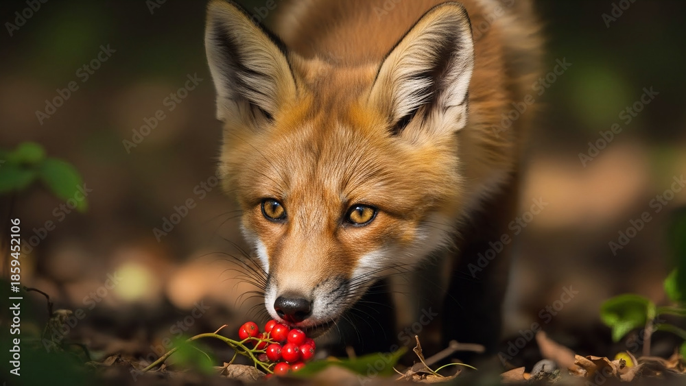 Fototapeta premium A curious fox sniffs red berries in a forest clearing