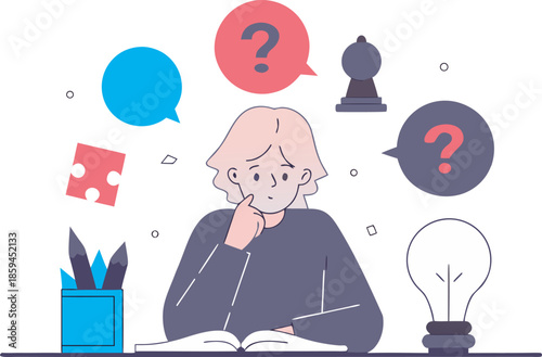 Thoughtful Student Thinking and Problem Solving with Question and Idea Concept Vector Illustration