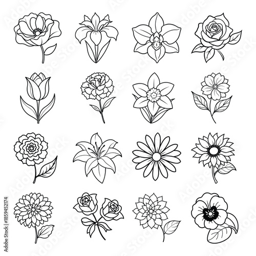 16 Creative flower line icon set, Vector line art. editable stroke for versatile use in projects