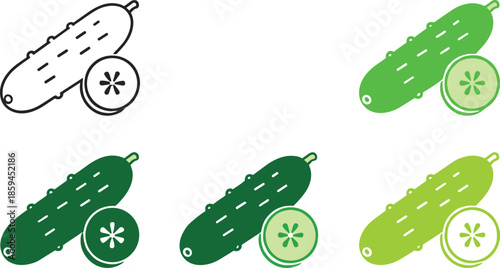 Cucumber vegetable icon vector set with sliced fresh green cucumber food symbols in multiple styles