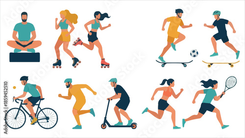 Group of people engaging in sports activities at a park practicing yoga and gymnastics, jogging, cycling, playing ball games, and tennis