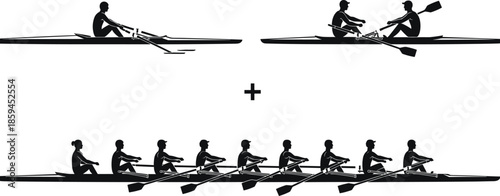 Rowing silhouette, teamwork concept, scull boat, double scull, eight person shell, sports icon, collaboration metaphor, fitness activity, water sport, unity