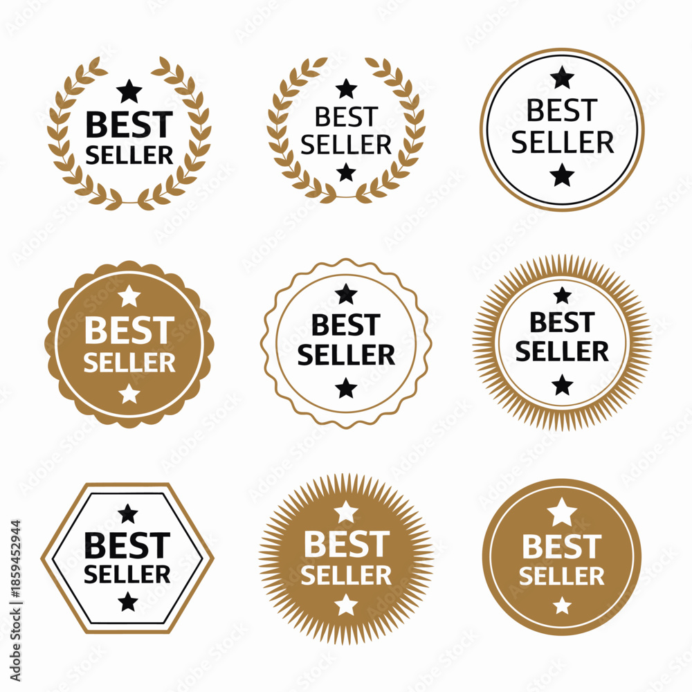 Obraz premium Best seller icon badge set vector illustration, featuring bestseller logo labels, promotional tag designs, gold award stamps, ribbon stickers, star elements and premium sales badge graphics