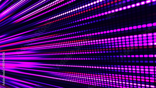 Digital flow. Light dynamics and pixel energy. The illustration shows a bright LED panel where bright multi-colored stripes create the effect of movement and energy. Vector illustration.