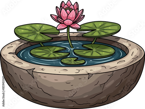 stone serenity a stylized lotus unfolding in a textured water planter, vector isolated on transparent background