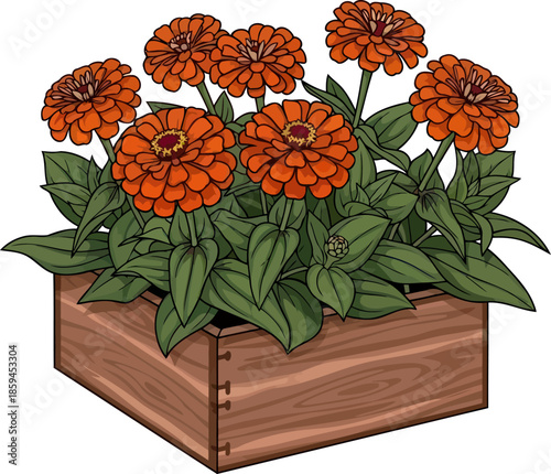 orange flowers in wooden planter clip art preview